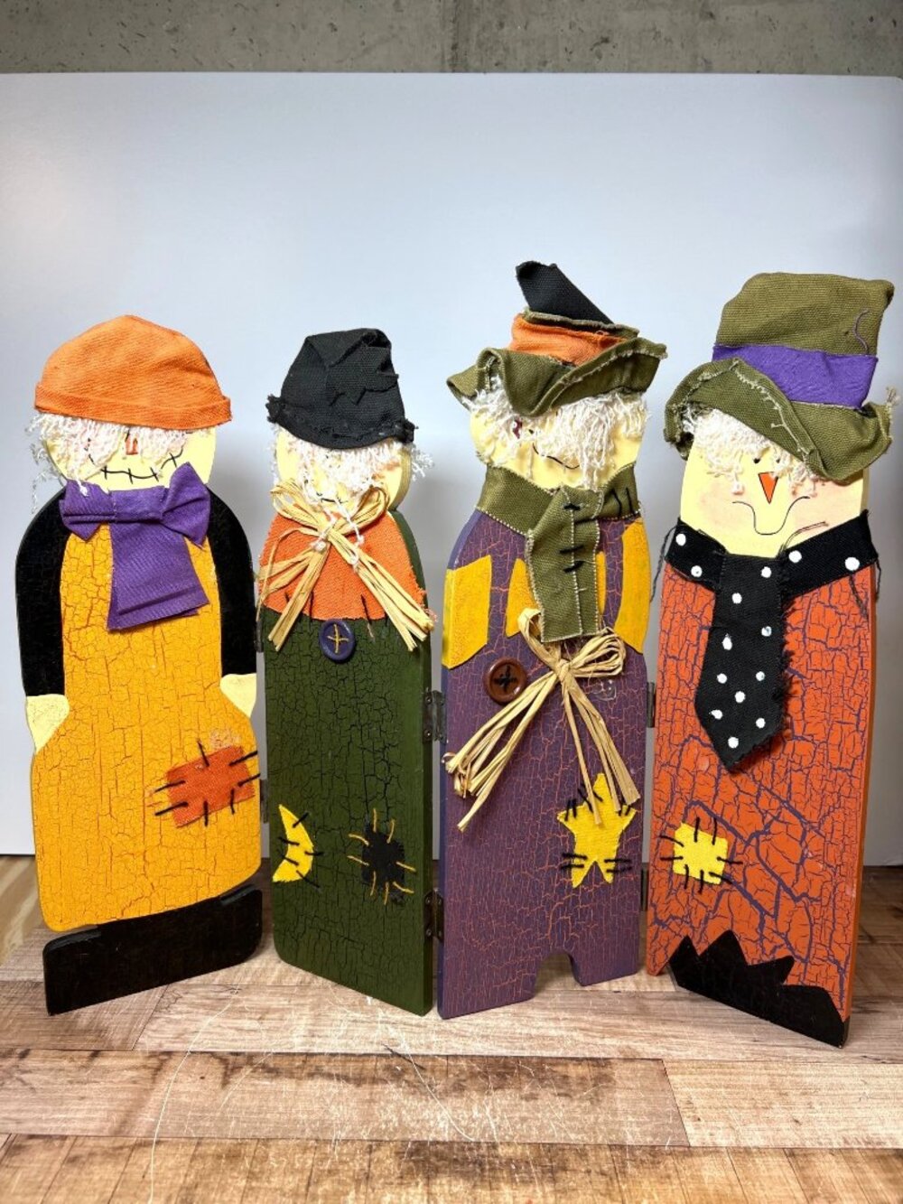 Handcrafted Wooden Scarecrow Fall Decor With Fabric Accents